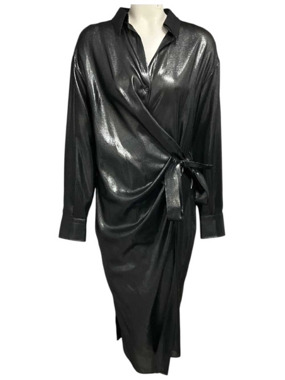 Brunello Cucinelli Black Stone Metallic Lame Wool Gauze Wrap Midi Shirt Dress